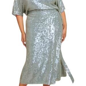 Sally LaPointe Blue Steel Sequin Viscose Belted Wrap Midi Skirt size 18 NEW Tags